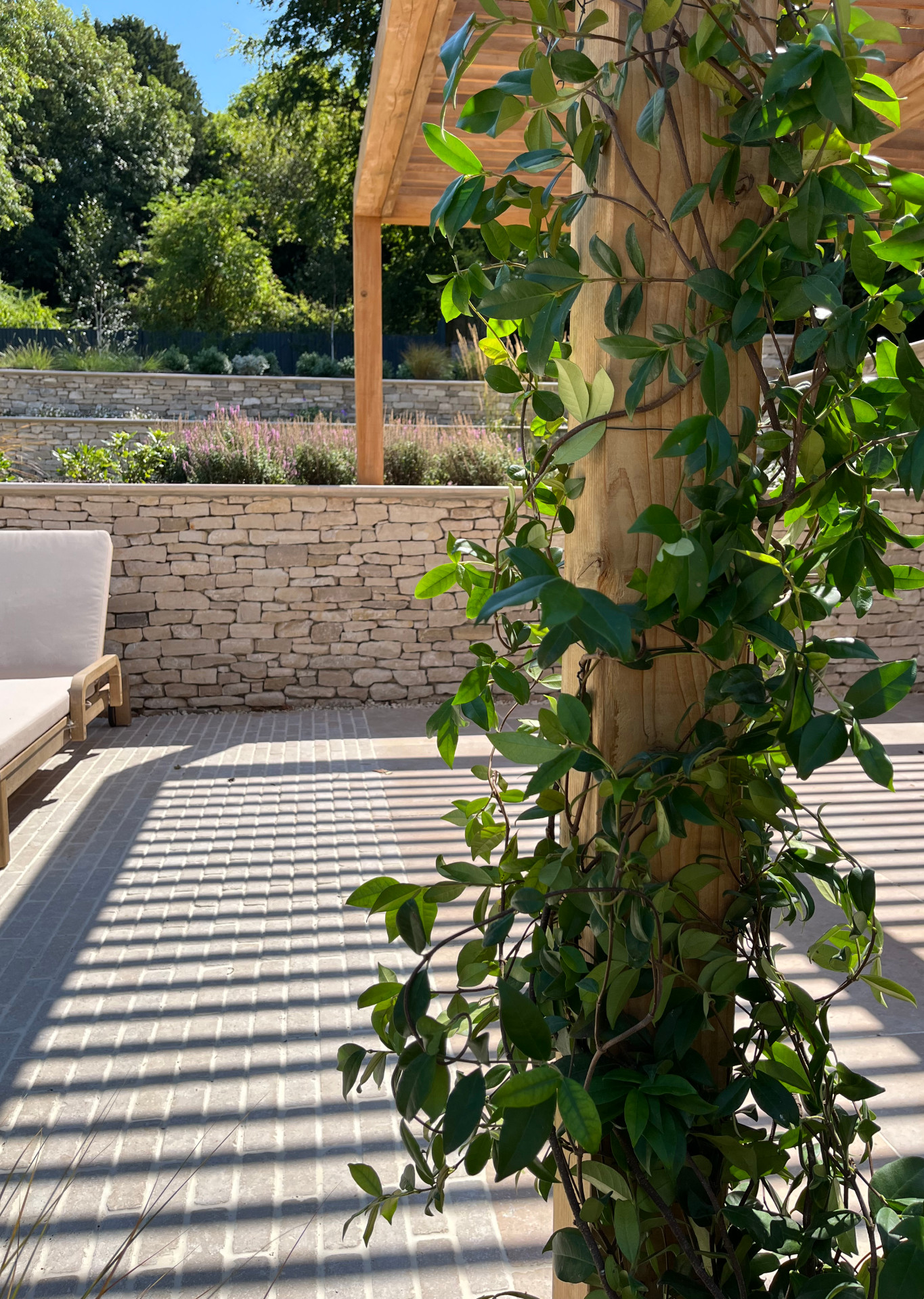 Sun loungers beneath a pergola