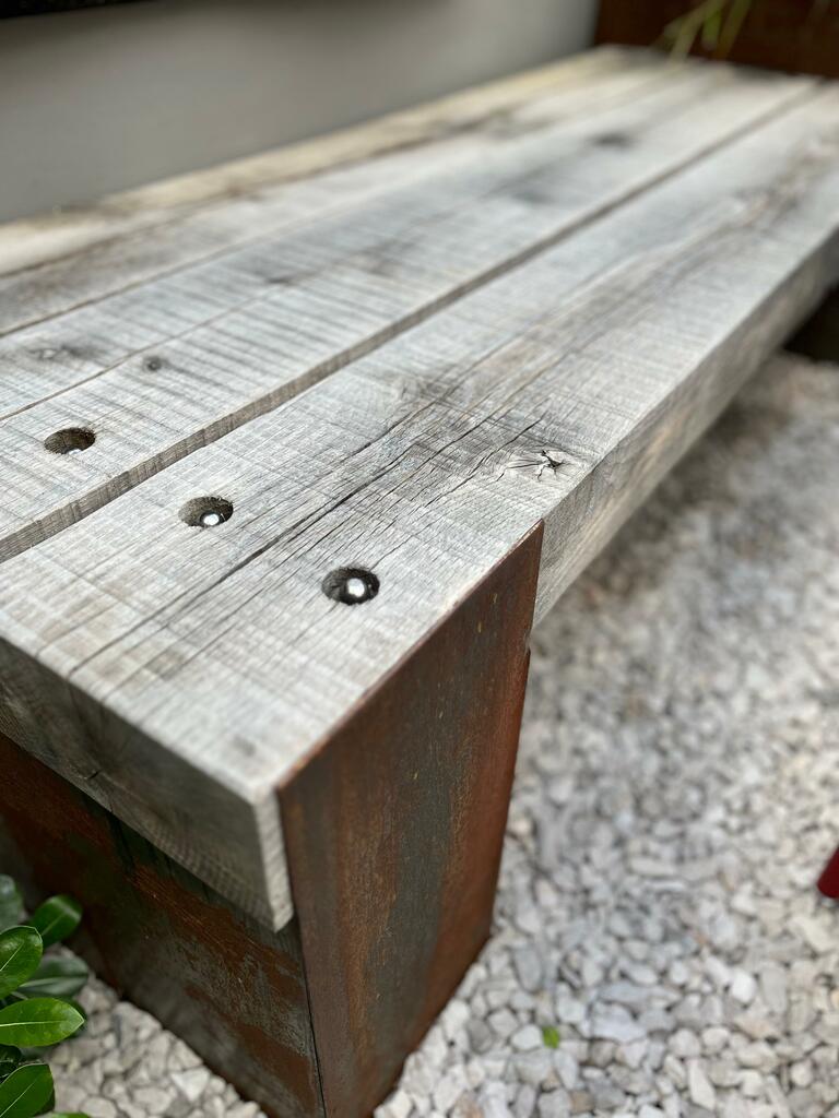 Oak and corten steel bench